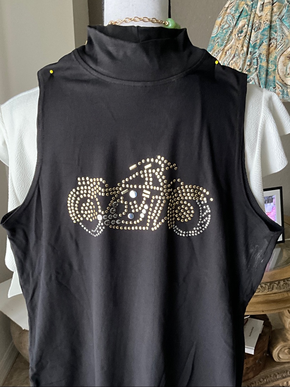 Black Sleeveless Mock Neck Top with Studded Motorcycle Design